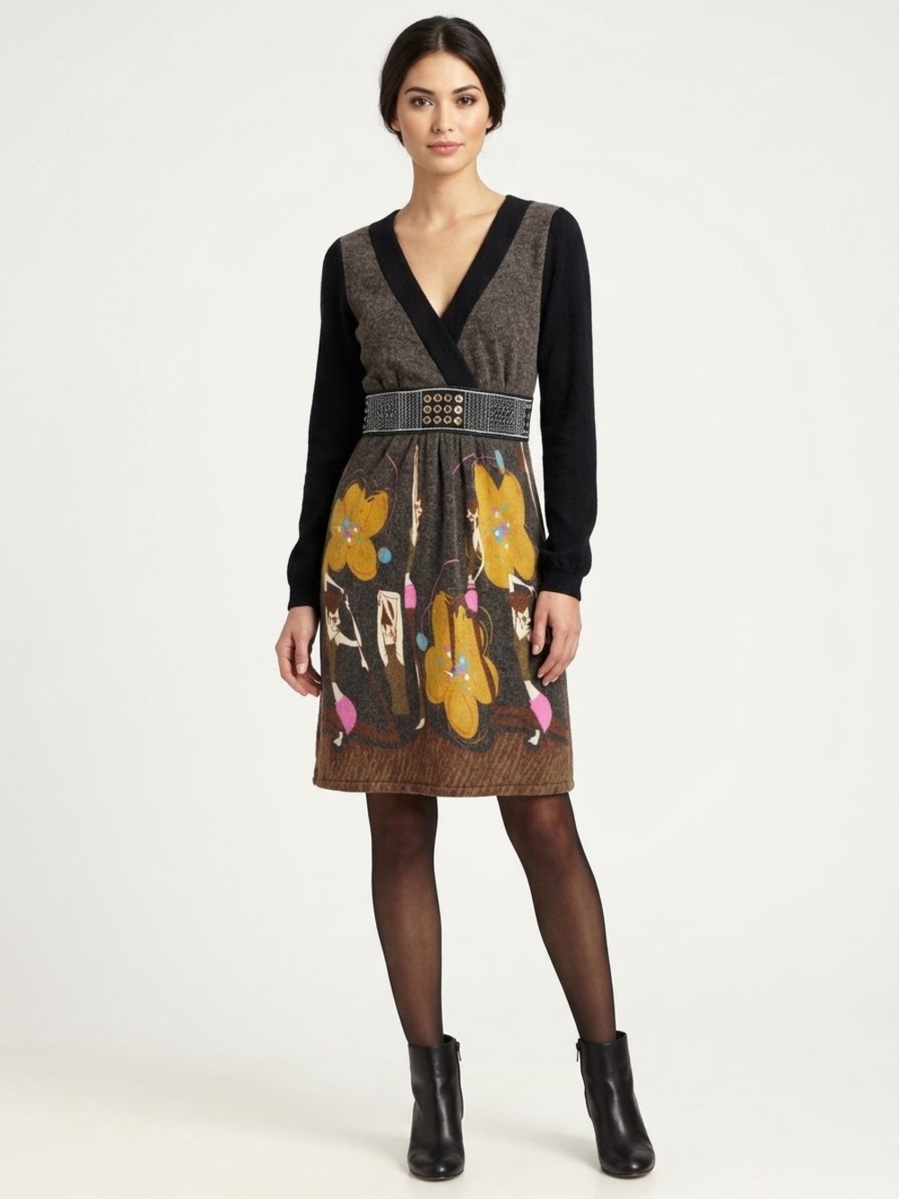 Paradis Miss Women Novelty Art Print Embellished Sweater Dress Brown Size M